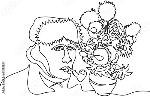 Portrait of Vincent van Gogh with sunflowers. Continuous one line