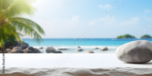 Marble table over blurred tropical ocean sea background