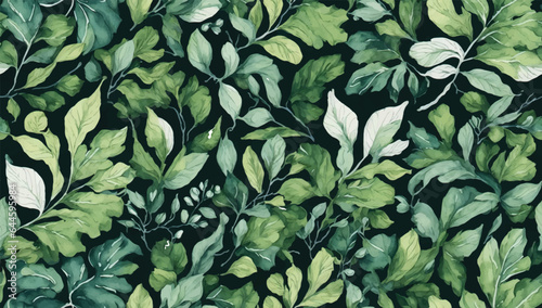 Hand painted foliage pattern, seamless floral print with green leaves, watercolor