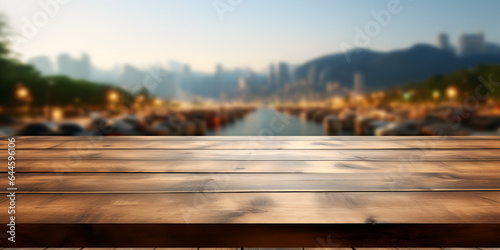 Wooden table over blurred city street background