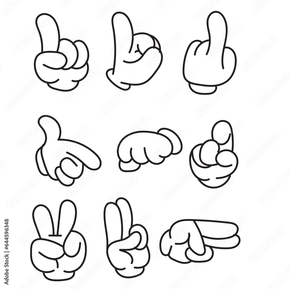 Obraz premium Hands poses. Female hand holding and pointing gestures, fingers crossed, fist, peace and thumb up. Cartoon human palms and wrist vector set. Communication or talking with emoji for messengers