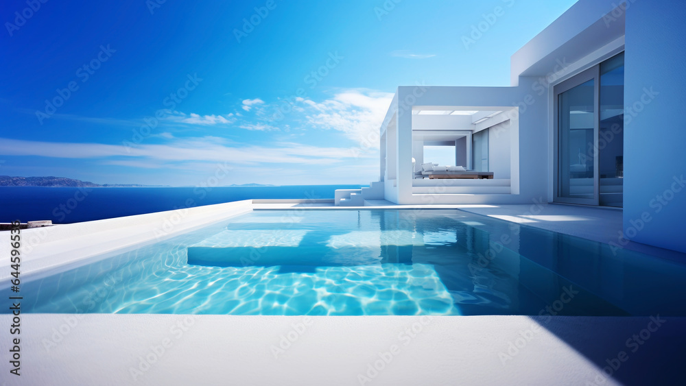 A white modern house with a pool by the sea seen in background A white modern house with a pool by the sea seen in background