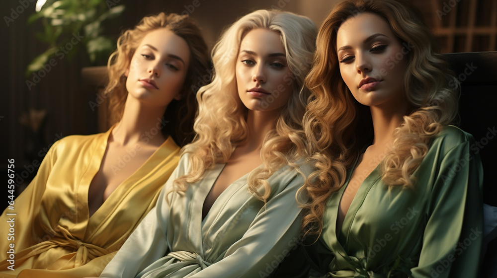 three women with golden hair and green lips posing three women with golden hair and green lips posing