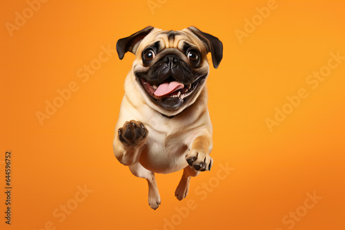 Pug dog jumping on a orange background
