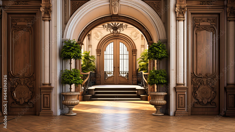 Grand entryways with shiny marble archways and wooden doors