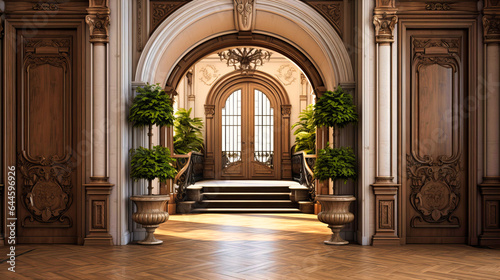 Fotografie, Obraz Grand entryways with shiny marble archways and wooden doors