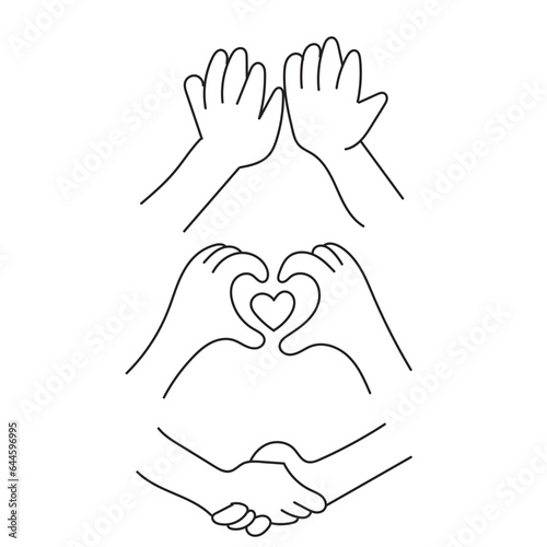Hands poses. Female hand holding and pointing gestures, fingers crossed, fist, peace and thumb up. Cartoon human palms and wrist vector set. Communication or talking with emoji for messengers