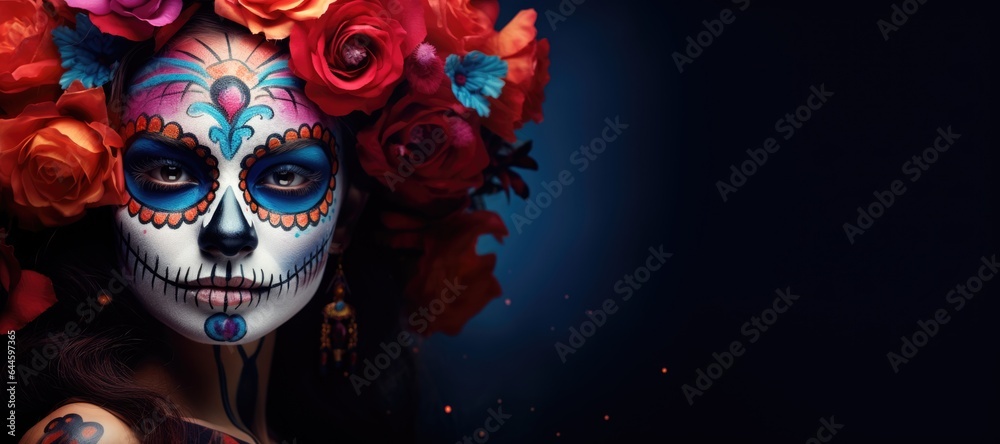 Dia de los muertos, Mexican holiday of the dead and halloween. Woman with sugar skull make up and flowers.