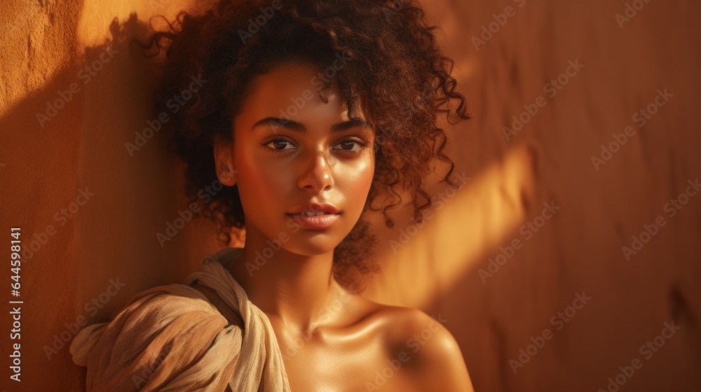 A vivacious lady with a sun - kissed complexion leans gently against a terracotta wall. Her deep brown eyes glint with mischief A vivacious lady with a sun - kissed complexion leans gently against a terracotta wall. Her deep brown eyes glint with mischief