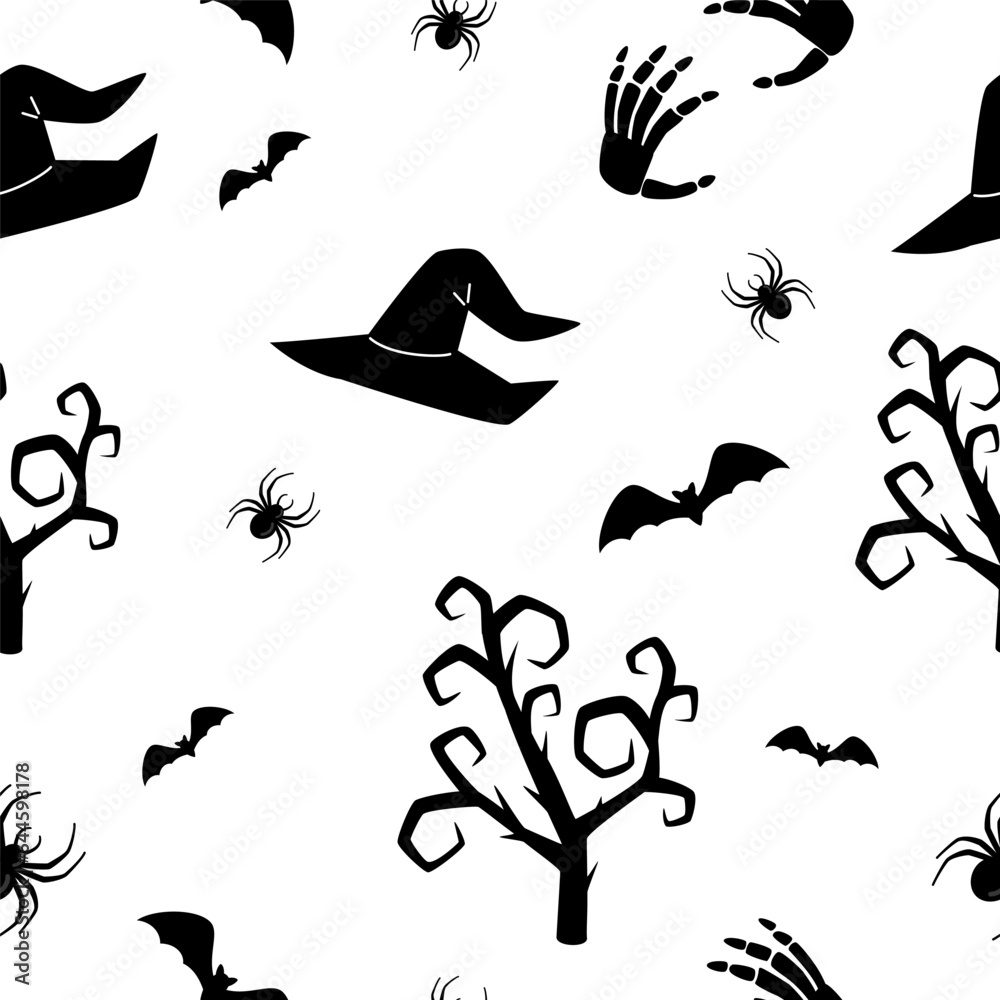 Fototapeta premium Halloween seamless pattern with spider, halloween hat, tree, bat. Vector illustration.
