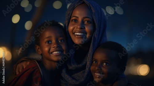 Somali mother embracing her sons with a wide, joyful smile.