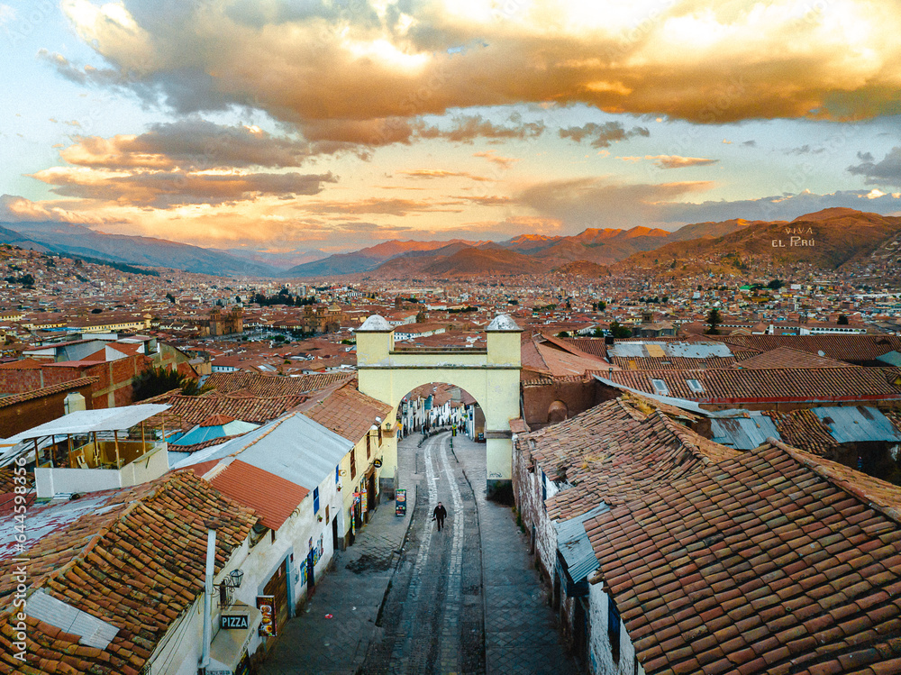 aerial photo with drone of the city of Cusco in Peru - obrazy, fototapety, plakaty 