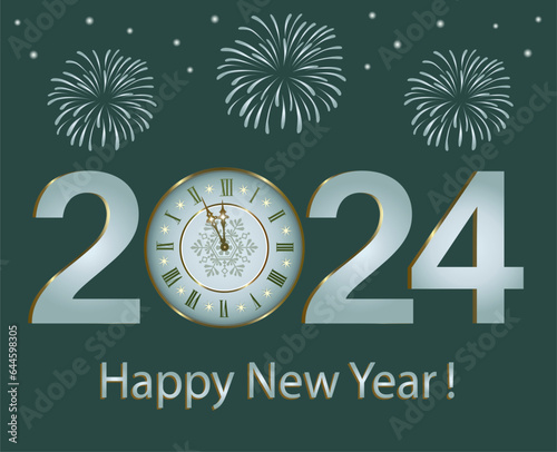 New Year card with numbers 2024 and clock on a background with fireworks.