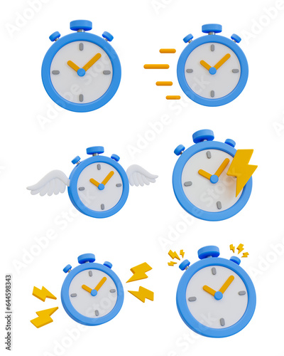 3d minimal quick time concept. urgent work. fast service. set of stopwatches. 3d illustration. photo