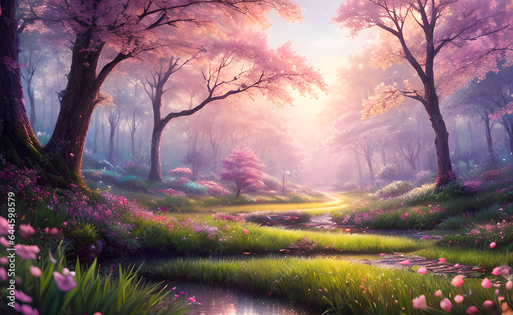 Beautiful fantasy fairy forest,Fantasy realistic Stunning natural objects including lakes lake boat Background and use it as your wallpaper, posters and banner,generative ai