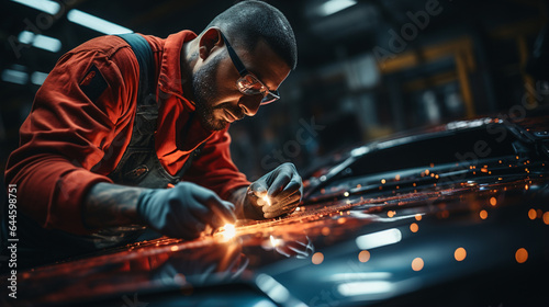 car worker in uniform working with a red car