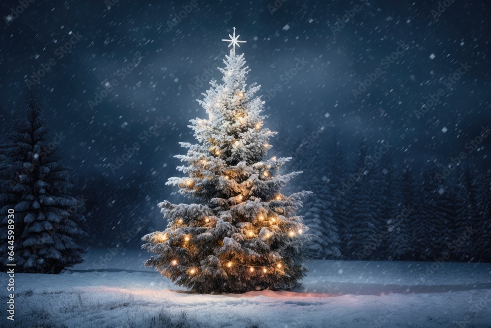 A christmas tree is lit up in the snow. Generative AI.