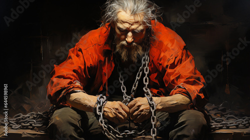 portrait of scary human with chains and chain on dark background