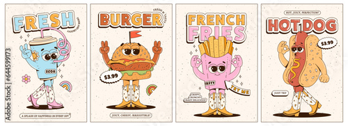Posters set with trendy retro groovy fast food characters. Contemporary cartoon style on 60s-70s characters. Mascots for bar and restaurant. Vector illustration.