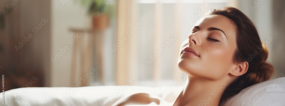 Close up of a beautiful young woman relaxing on massage spa treatment on blurred bright home background with copy space. Close up of a beautiful young woman relaxing on massage spa treatment on blurred bright home background with copy space.