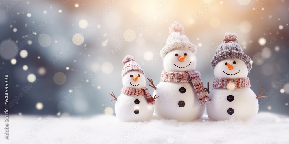 Adorable and happy snowman family on Christmas snowy background, get together and celebrating holiday seasons, with copy space, idea for greeting cards and posters.