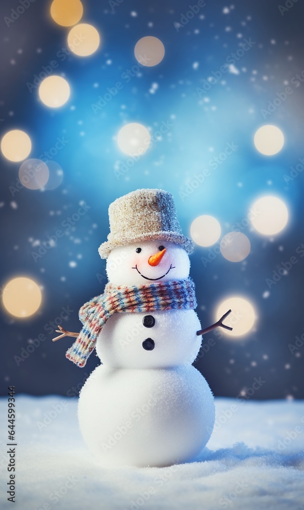 Christmas winter background with snowman in snow and blurred bokeh background.Merry Christmas and happy new year greeting card with copy space, vertical.