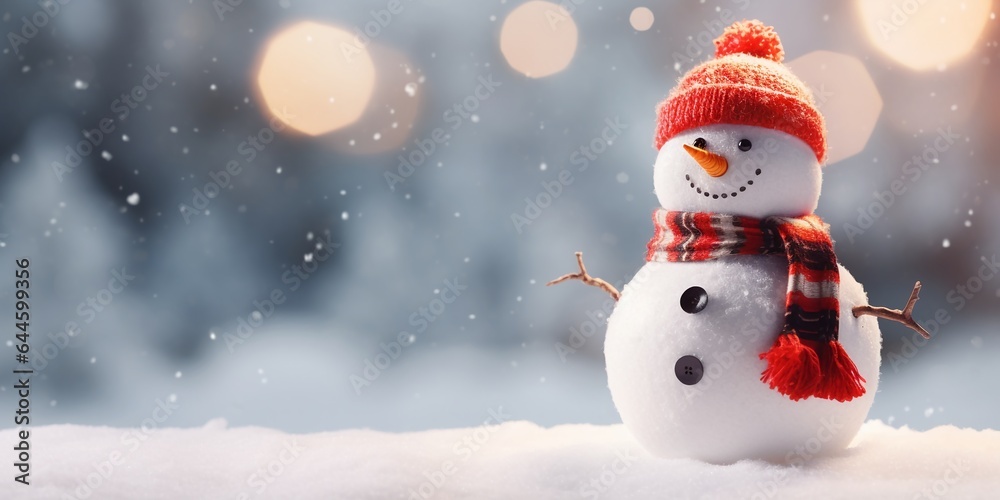 Christmas winter background with snowman in snow and blurred bokeh background.Merry Christmas and happy new year greeting card with copy space.