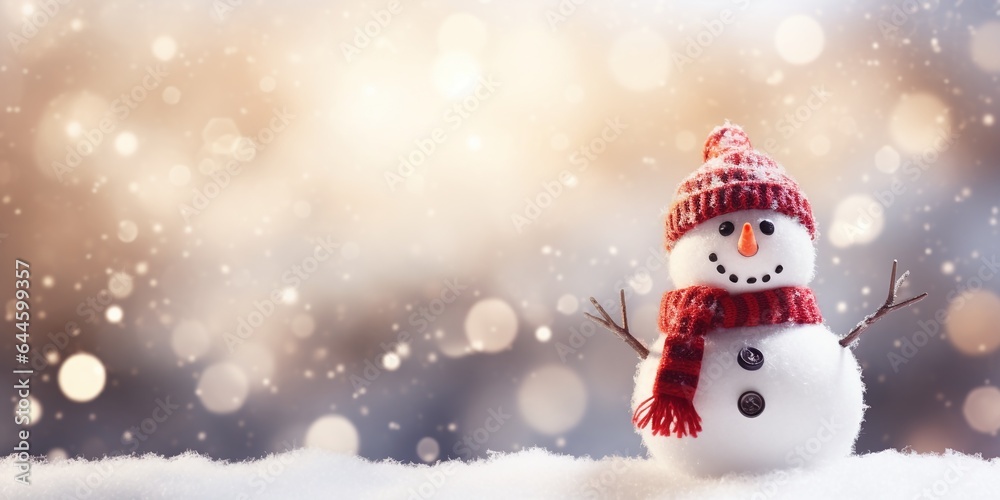 Christmas winter background with snowman in snow and blurred bokeh background.Merry Christmas and happy new year greeting card with copy space.