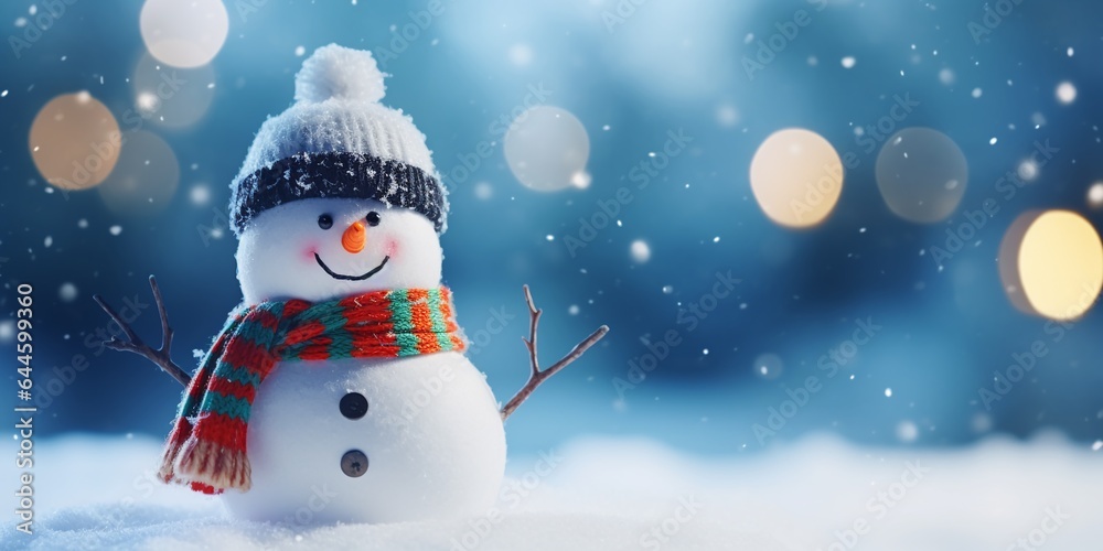 Christmas winter background with snowman in snow and blurred bokeh background.Merry Christmas and happy new year greeting card with copy space.