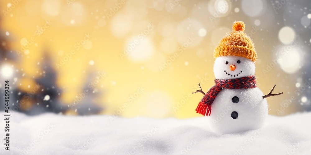 Christmas winter background with snowman in snow and blurred bokeh background.Merry Christmas and happy new year greeting card with copy space.