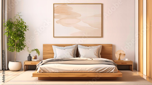 Detailed shot of a mock-up frame in a minimalist bedroom 