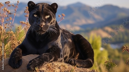 A panther, panthera pardus, sits on a hill, coordinate look