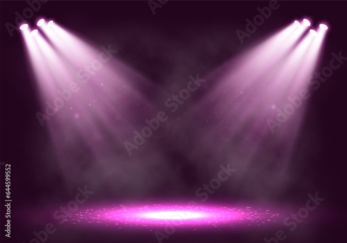 Spotlights. Scene for presentation illuminated by spotlights with smoke. Vector illustration.