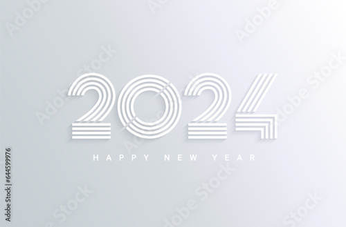 Modern silver banner for 2024 happy new year. Numbers from linear lines with wishing on gradient background. Minimalistic design, template for flyer,web, cover,calendar,web,presentation.Vector