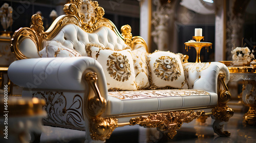 Detailed shot of gold-accented white furniture,