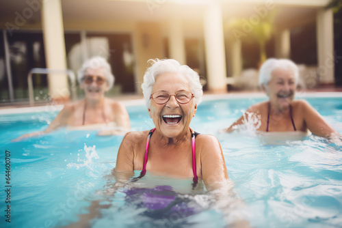 Group of elderly women having fun  water aerobics session in a swimming pool  elderly happy people. 