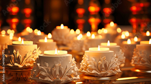 Detailed view of white and gold candle holders