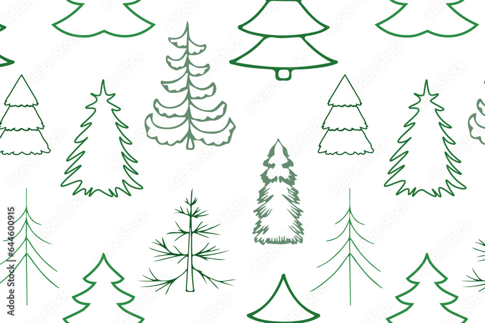 seamless pattern with green Christmas trees. gift wrapping. vector line style