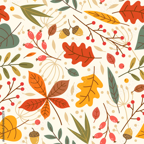 Autumn seamless pattern with fall leaves and plants  branches and berries. Seasonal colors. Perfect for wallpaper  gift paper  textile  greeting cards.