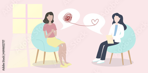Girl at the session with a psychologist who help her understand her feelings. Mental health concept vector