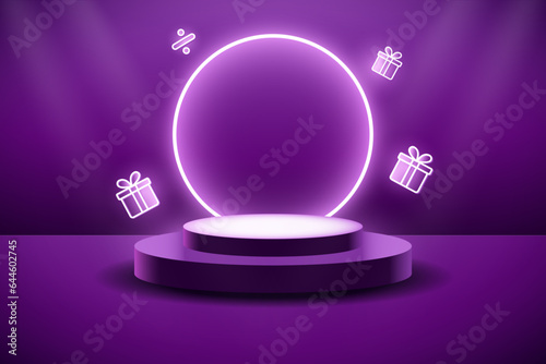 Purple electro podium with neon lights and neon gift for product display, mega sale, discounts, sales, promotions, black friday and cyber monday. Neon podium banner.