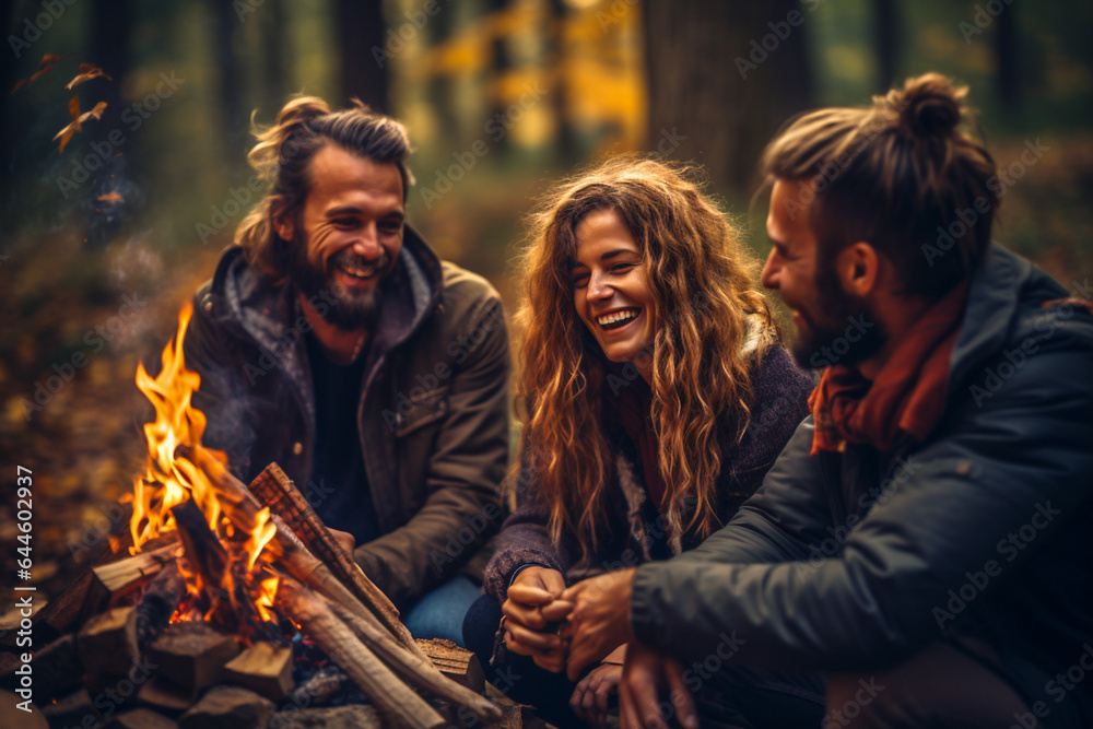Fototapeta premium One woman and two men friends spending time together in the autumn forest near a burning fire, have fun, talking and laughing.