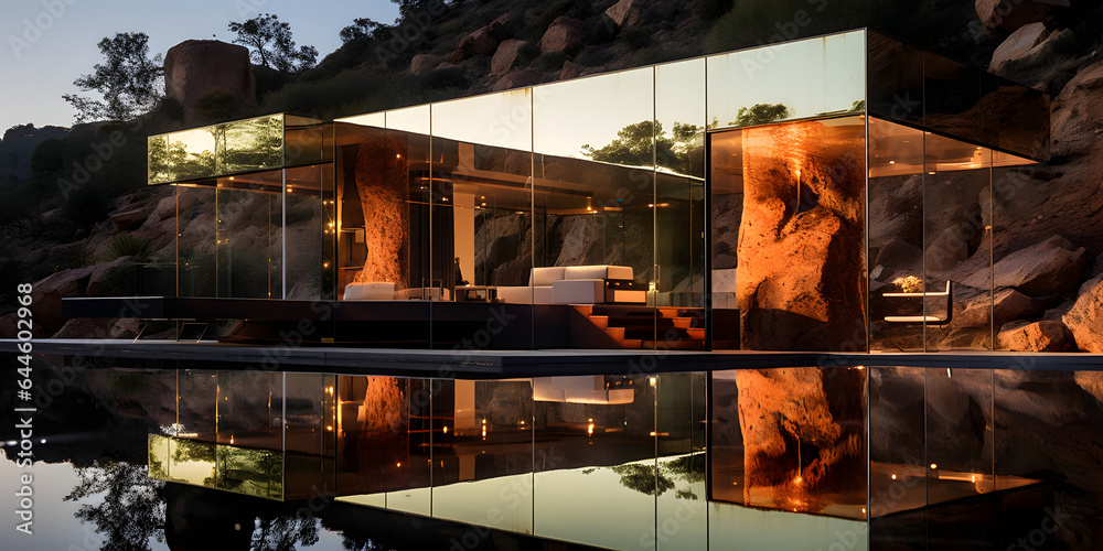 Modern glass and steel villa in cave desert Modern glass and steel villa in cave desert
