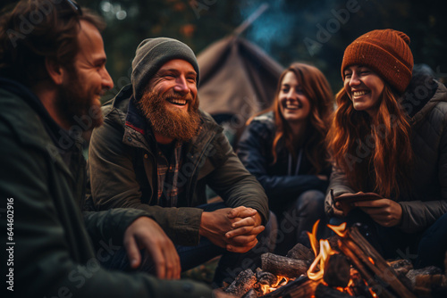 Four young adult women and men friends spending time together in the autumn forest near a burning fire, talking and laughing.