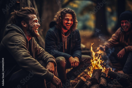 Three men best friends spending time together in the autumn forest near a burning fire, have fun, talking and laughing.