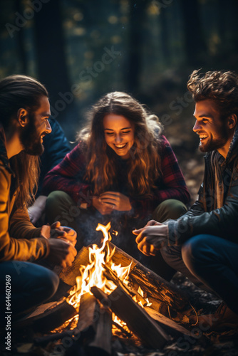 One woman and two men friends have fun, spending time together in the autumn forest near a burning fire, talking and laughing. Vertical