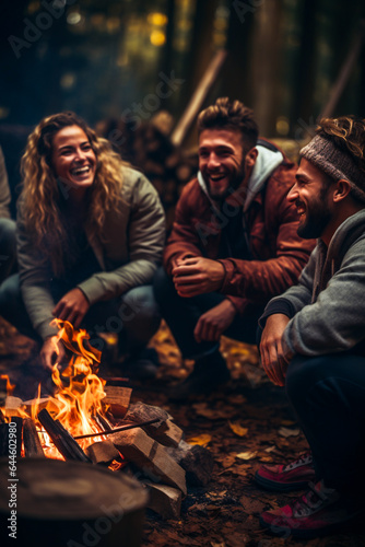 One woman and two men friends have fun, spending time together in the autumn forest near a burning fire, talking and laughing. Friendship, travel and autumn hobby concept. Vertical