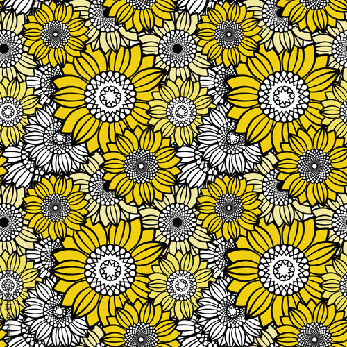 Sunflowers Seamless Pattern Background. Doodles floral vector illustration. Perfect for wallpaper, textile, fabric warping paper and more