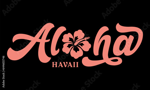 Aloha text, emblem and logo isolated on white. Hand drawn Aloha Hawaiian word for hawaii shirt print or sign. Lettering or summer party invitation, flyer and poster design.