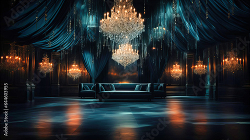 Black ceiling with hanging crystal chandeliers 